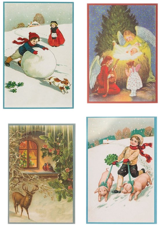 Nostalgische kerstkaarten - 4 stuks - Klassieke Vintage afbeeldingen - Winter - Sneeuw - Feestelijk - Jaarwisseling - Oude Brocante kerstkaarten 15X10,5 en 14X9