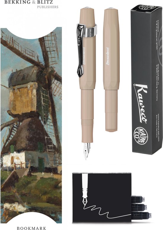 Kaweco - Vulpenset - 4delig - Vulpen Sport Skyline Macchiato Fountain Pen - Fine - Nostalgic Octagonal Clip Chrome - Doosje zwarte vullingen - Bekking & Blitz Boekenlegger -nr7