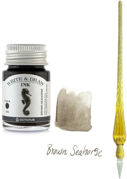 Glazen dip pen set Oranje - Potje Octopus inkt brown seahorse