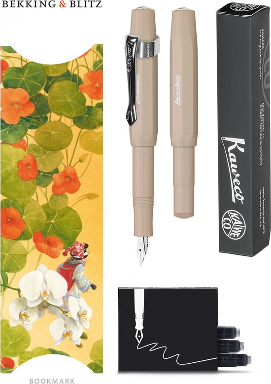 Kaweco - Vulpenset - 4delig - Vulpen Sport Skyline Macchiato Fountain Pen - Fine - Nostalgic Octagonal Clip Chrome - Doosje zwarte vullingen - Bekking & Blitz Boekenlegger -nr31