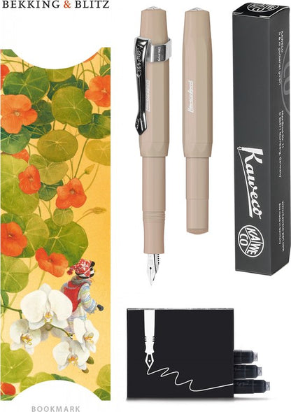 Kaweco - Vulpenset - 4delig - Vulpen Sport Skyline Macchiato Fountain Pen - Fine - Nostalgic Octagonal Clip Chrome - Doosje zwarte vullingen - Bekking & Blitz Boekenlegger -nr31