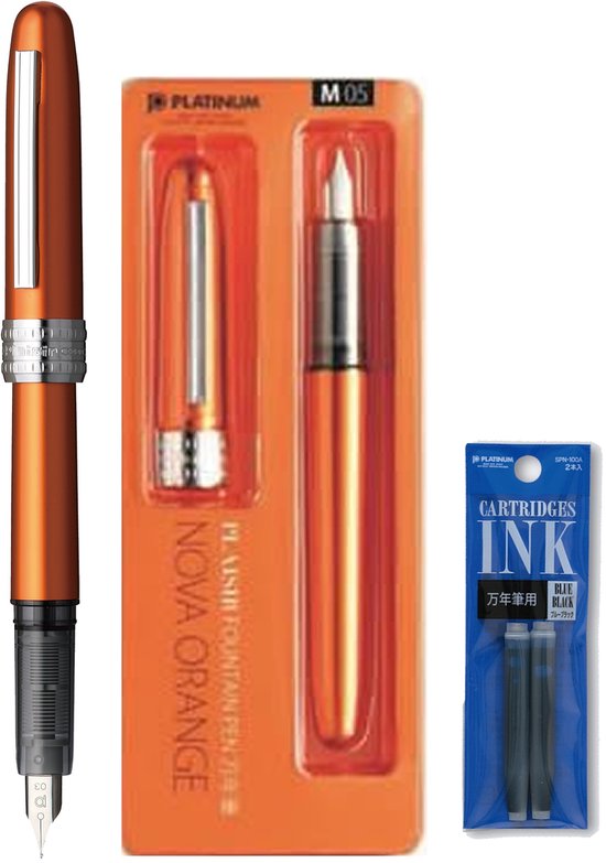 Platinum Japan - Plaisir Fountain Pen - Medium - Vulpen - Oranje - penpunt: Medium 05 - Met extra vullingen Blauw