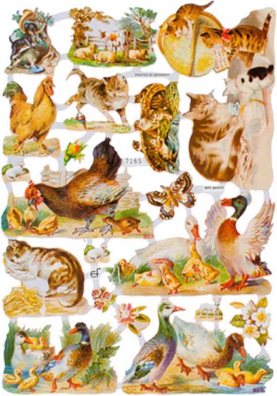 Poëzieplaatjes - 6 vellen - plaatjes - hobby - creatief - decoupage - knutselen - scrapboek met vlinders - boerderijdieren -katten - duiven - waaiers - bloemen