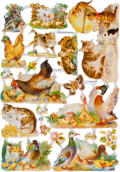 Poëzieplaatjes - 6 vellen - plaatjes - hobby - creatief - decoupage - knutselen - scrapboek met vlinders - boerderijdieren -katten - duiven - waaiers - bloemen