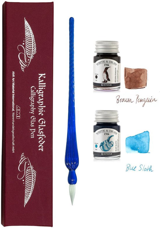 Octopus - Art Material - Glaspen Blauw - 2 Potjes inkt 10ml - Brown Penquin - Blue Sloth
