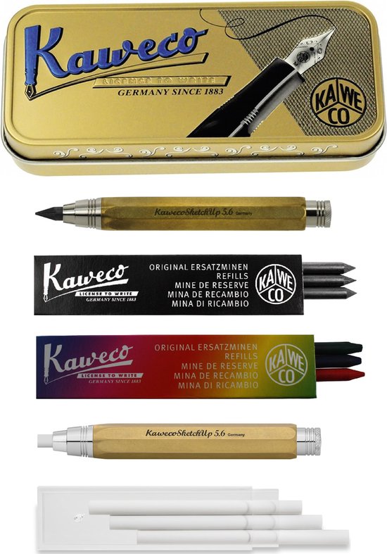 Kaweco - Sketch Up - tekenset - 2delig - In retro cadeau blikje - Vulpotlood - en Corrector - Messing - doosje zwarte vullingen - Doosje gekleurde vullingen - doosje gummen - 5.6