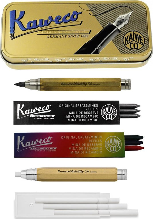 Kaweco - Sketch Up - tekenset - 2delig - In retro cadeau blikje - Vulpotlood - en Corrector - Messing - doosje zwarte vullingen - Doosje gekleurde vullingen - doosje gummen - 5.6