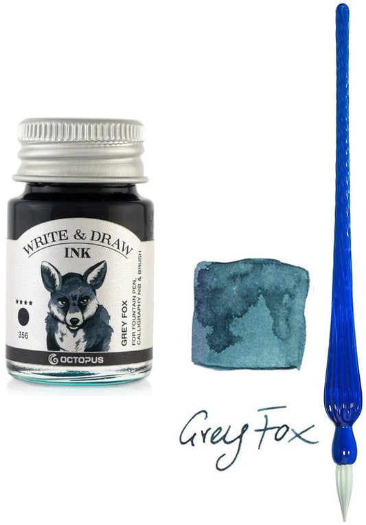 Glazen dip pen set Blauw - Potje Octopus inkt grey fox