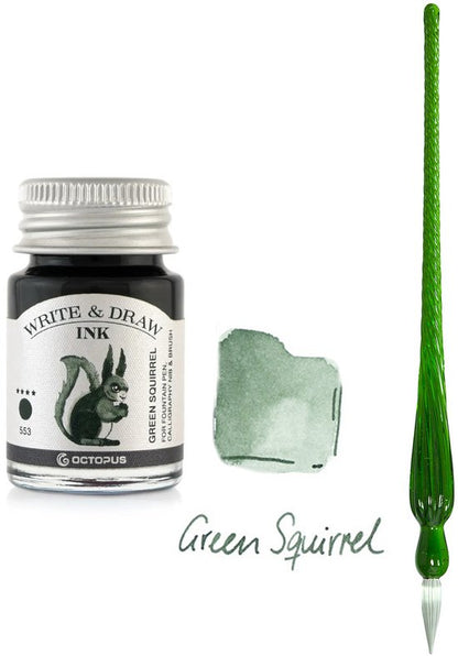 Glazen dip pen set in doosje - Groen - Potje Octopus inkt green squirrel