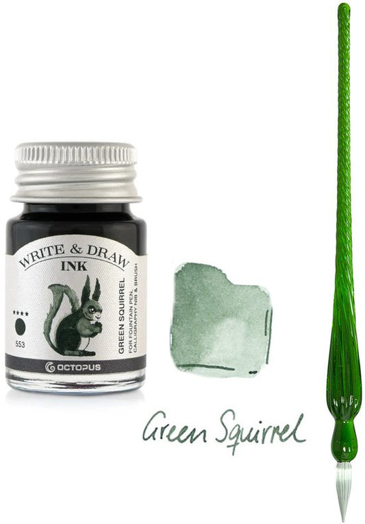 Glazen dip pen set in doosje - Groen - Potje Octopus inkt green squirrel
