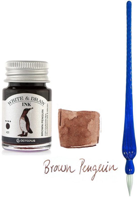 Glazen dip pen set Blauw - Potje Octopus inkt brown penquin