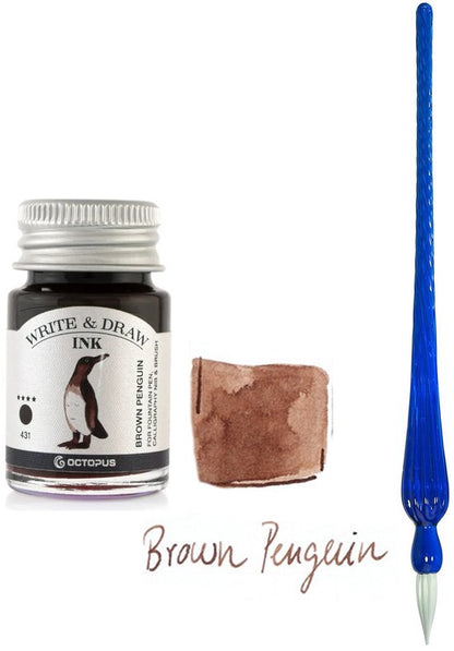 Glazen dip pen set Blauw - Potje Octopus inkt brown penquin