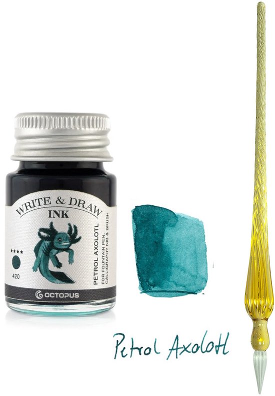 Glazen dip pen set Oranje - Potje Octopus inkt petrol axoloth