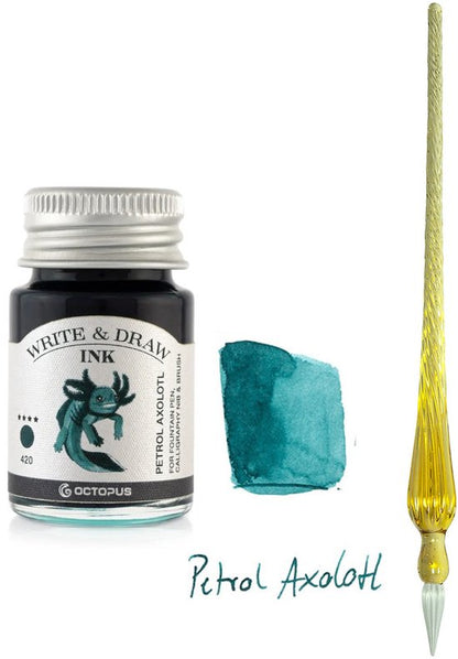 Glazen dip pen set Oranje - Potje Octopus inkt petrol axoloth