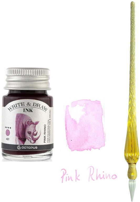 Glazen dip pen set Oranje - Potje Octopus inkt pink rhino
