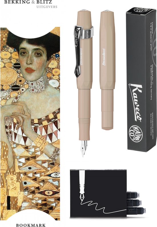 Kaweco - Vulpenset - 4delig - Vulpen Sport Skyline Macchiato Fountain Pen - Fine - Nostalgic Octagonal Clip Chrome - Doosje zwarte vullingen - Bekking & Blitz Boekenlegger - nr13