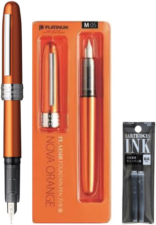 Platinum Japan - Plaisir Fountain Pen - FIJN - Vulpen - Oranje - penpunt: fijn 03 - Met extra navullingen Zwart