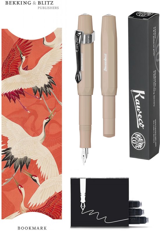 Kaweco - Vulpenset - 4delig - Vulpen Sport Skyline Macchiato Fountain Pen - Breed - Nostalgic Octagonal Clip Chrome - Doosje zwarte vullingen - Bekking & Blitz Boekenlegger - nr27