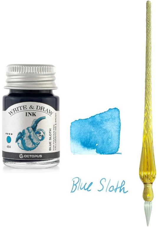 Glazen dip pen set Oranje - Potje Octopus inkt blauw-blue sloth