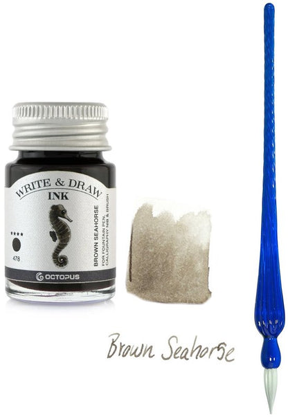 Glazen dip pen set Blauw - Potje Octopus inkt brown seahorse