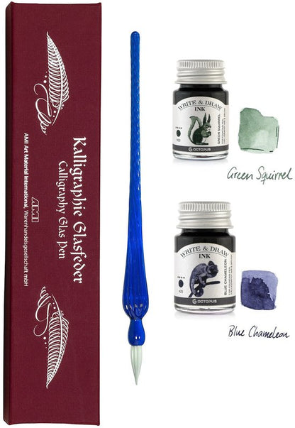 Octopus - Art Material - Glaspen Blauw - 2 Potjes inkt 10ml - Green Squirrel - Blue Chameleon