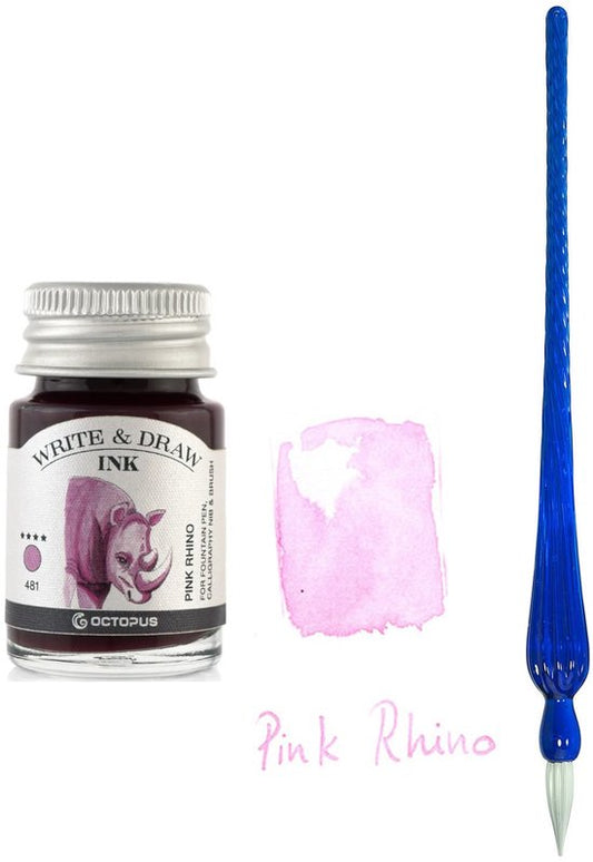 Glazen dip pen set Blauw - Potje Octopus inkt pink rhino