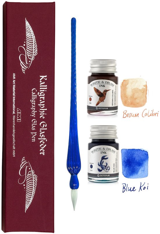 Octopus - Art Material - Glaspen Blauw - 2 Potjes inkt 10ml - Brown Kolibri - Blue Koi