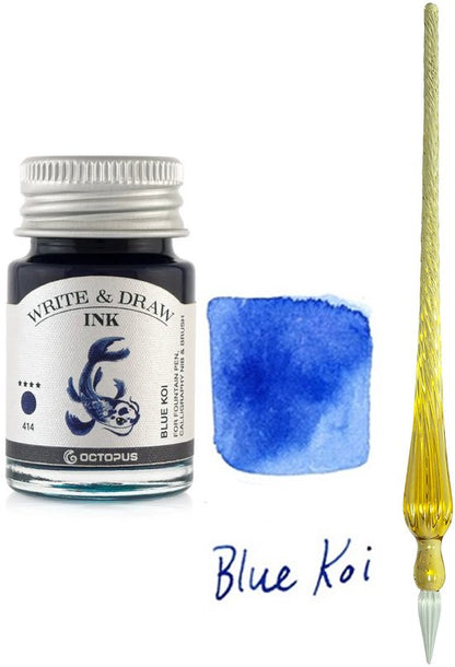 Glazen dip pen set Oranje - Potje Octopus inkt blauw-blue koi