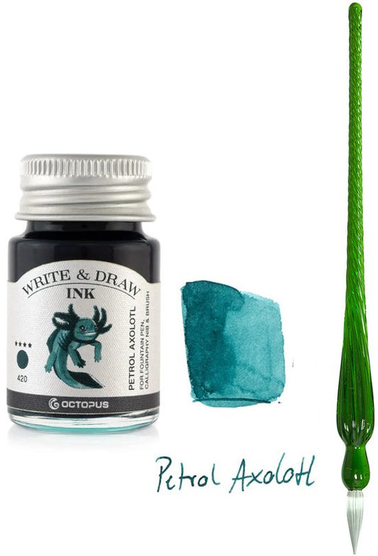 Glazen dip pen set in doosje - Groen - Potje Octopus inkt petrol axoloth