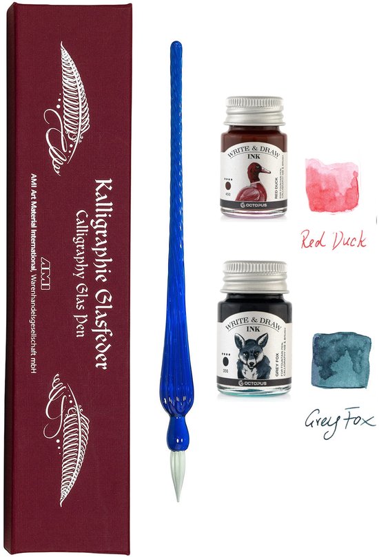 Octopus - Art Material - Glaspen Blauw - 2 Potjes inkt 10ml - Red Duck - Grey Fox