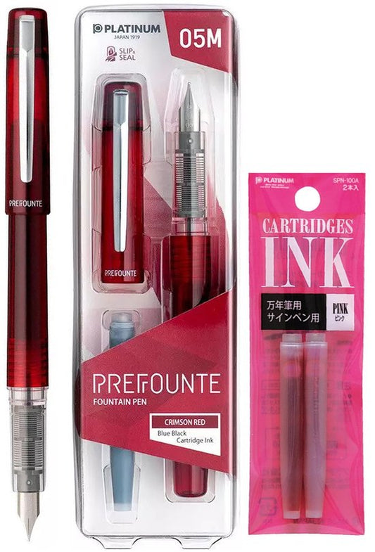 Platinum - Preppy - Prefounte Vulpen - Fine - Crimson Red - Met Roze vullingen
