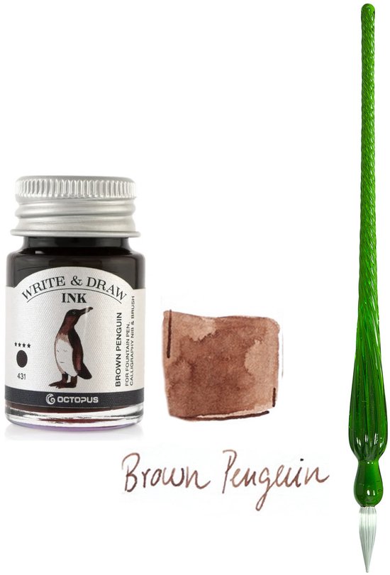Glazen dip pen set in doosje - Groen - Potje Octopus inkt brown penquin