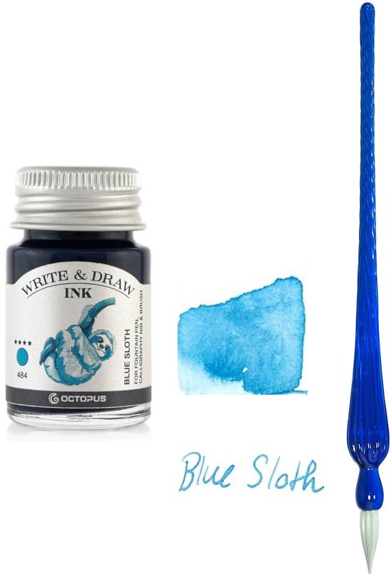 Glazen dip pen set Blauw - Potje Octopus inkt blauw-blue sloth