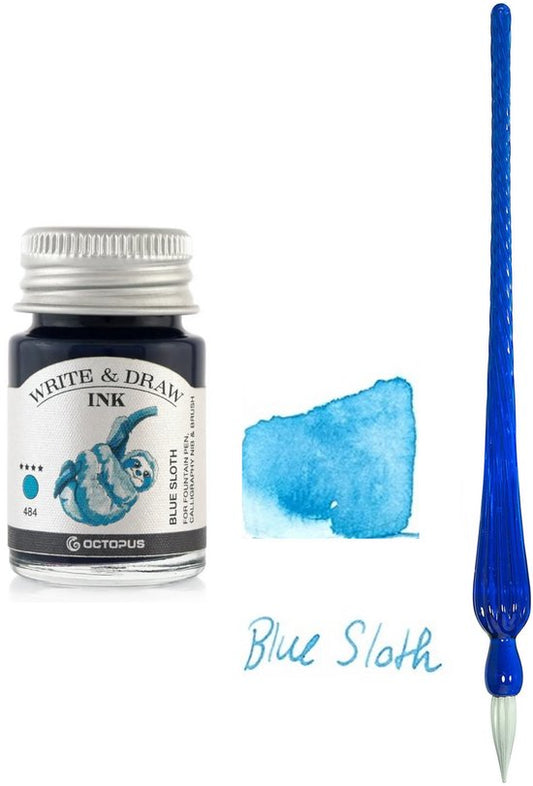 Glazen dip pen set Blauw - Potje Octopus inkt blauw-blue sloth