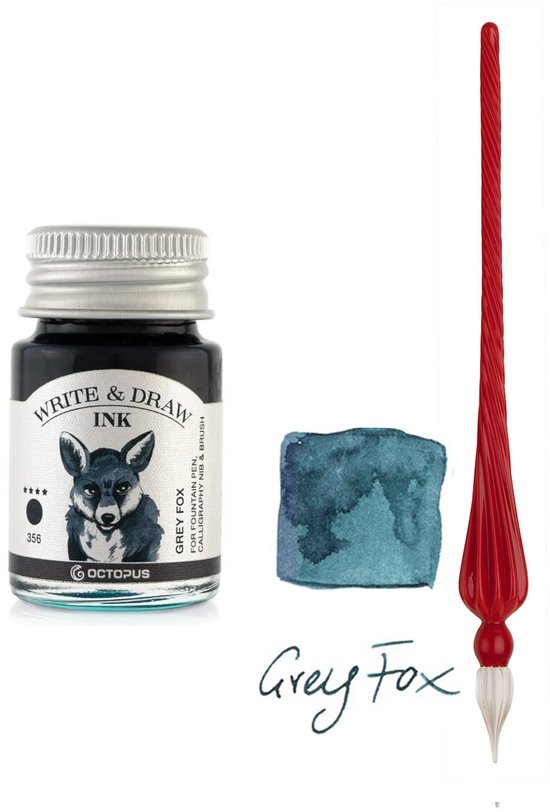 Glazen dip pen set in doosje - Rood - Potje Octopus inkt grey fox