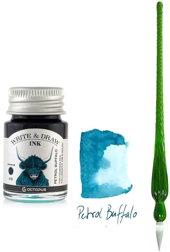 Glazen dip pen set in doosje - Groen - Potje Octopus inkt petrol buffalo