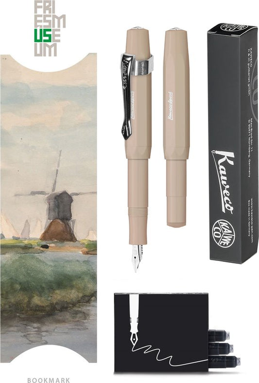 Kaweco - Vulpenset - 4delig - Vulpen Sport Skyline Macchiato Fountain Pen - Extra Breed - Nostalgic Octagonal Clip Chrome - Doosje zwarte vullingen - Bekking & Blitz Boekenlegger -nr9