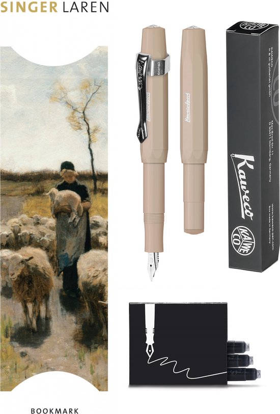 Kaweco - Vulpenset - 4delig - Vulpen Sport Skyline Macchiato Fountain Pen - Fine - Nostalgic Octagonal Clip Chrome - Doosje zwarte vullingen - Bekking & Blitz Boekenlegger -nr1