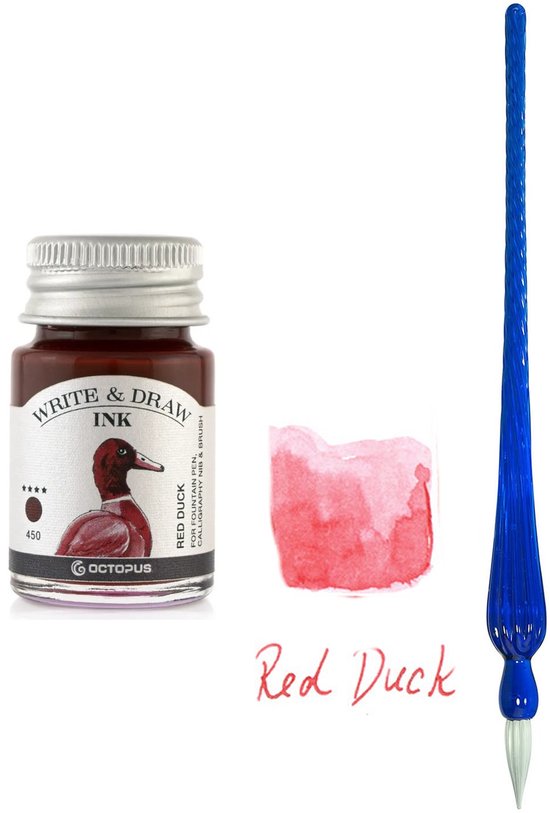 Glazen dip pen set Blauw - Potje Octopus inkt red duck
