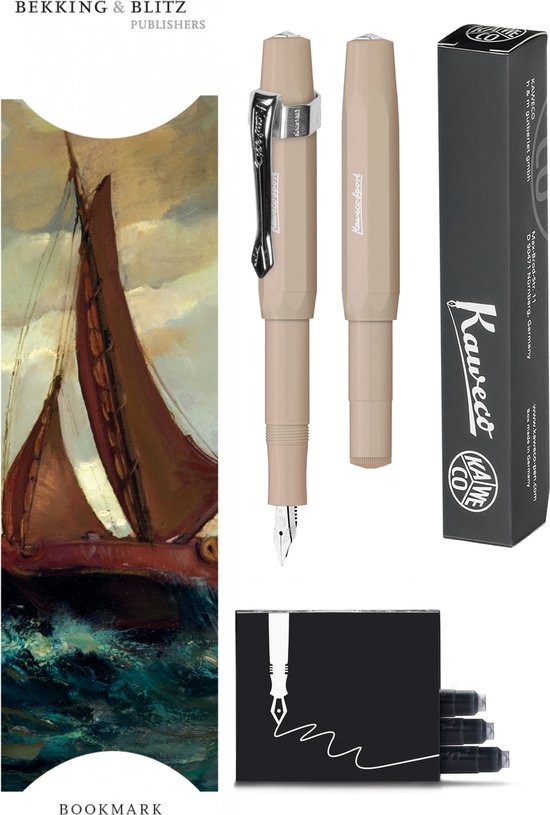 Kaweco - Vulpenset - 4delig - Vulpen Sport Skyline Macchiato Fountain Pen - Fine - Nostalgic Octagonal Clip Chrome - Doosje zwarte vullingen - Bekking & Blitz Boekenlegger - nr6