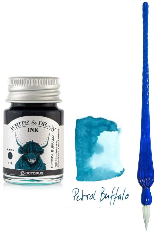 Glazen dip pen set Blauw - Potje Octopus inkt petrol buffalo