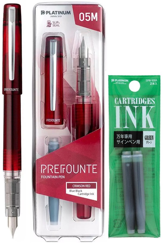 Platinum - Preppy - Prefounte Vulpen - Fine - Crimson Red - Met Groene vullingen