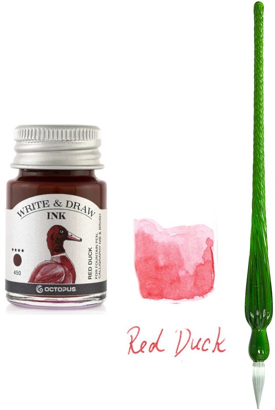 Glazen dip pen set in doosje - Groen - Potje Octopus inkt red duck