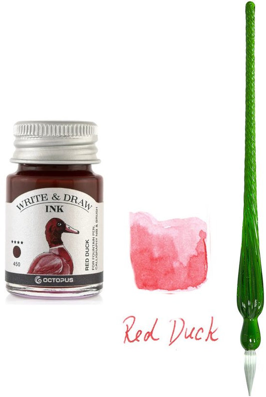 Glazen dip pen set in doosje - Groen - Potje Octopus inkt red duck