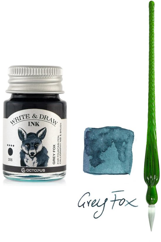 Glazen dip pen set in doosje - Groen - Potje Octopus inkt grey fox