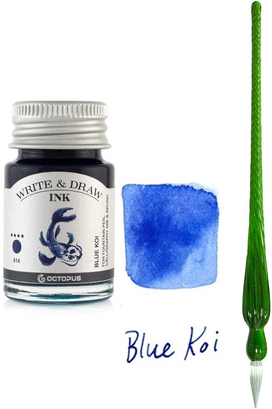 Glazen dip pen set in doosje - Groen - Potje Octopus inkt blauw-blue koi