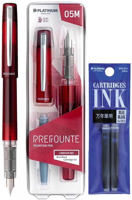 Platinum - Preppy - Prefounte Vulpen - Fine - Crimson Red - Met Blauw Zwarte vullingen