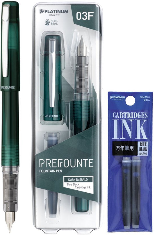 Platinum - Preppy - Prefounte Vulpen - Medium - Dark Emerald - Met vullingen Blauw Zwart