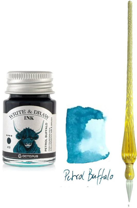 Glazen dip pen set Oranje - Potje Octopus inkt petrol buffalo