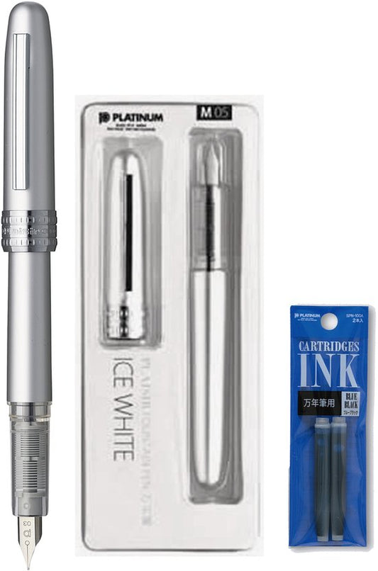 Platinum Japan - Plaisir Fountain Pen - Medium - Vulpen - Ice White - penpunt: Medium 05 - Met extra vullingen Blauw